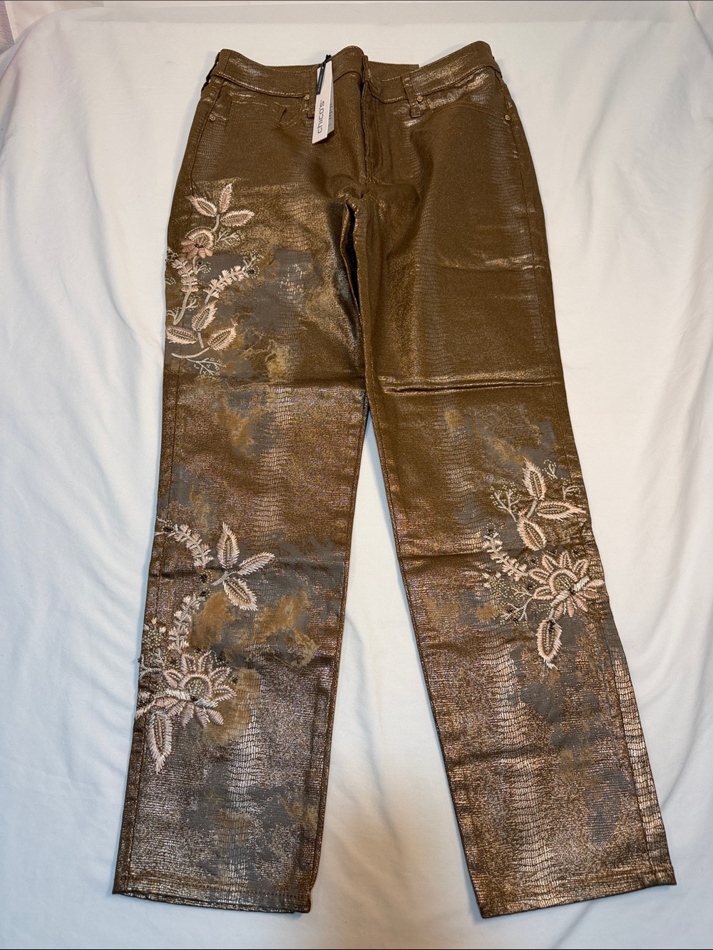 Chicos W Sz 8 So Slimming Coated Embroidered GF Ankle Gold Metallic Floral Jean
